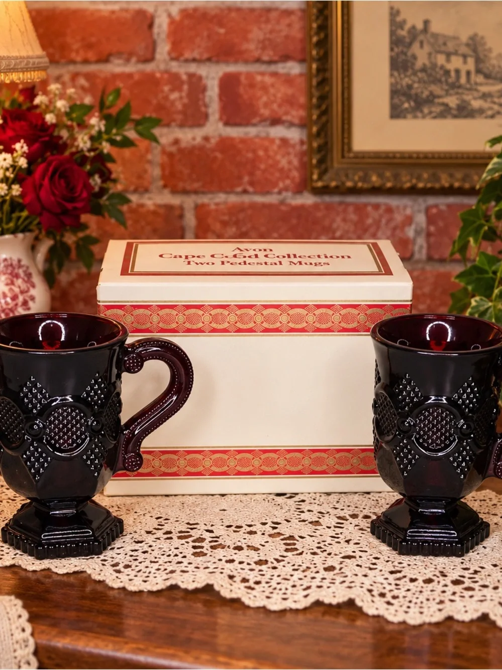 Vintage Avon 1876 Cape Cod Collection Ruby Red Glass Pedestal Mugs